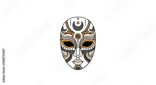 Decorative tribal mask with orange and black patterns.