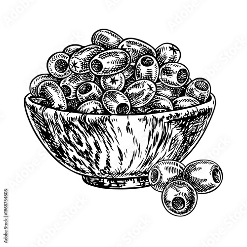 A handful of pitted olives in a wooden cup. Black and white graphic vector illustration drawn by hand. Isolate. Perfect for creating labels, prints, as well as packaging, banners, posters, and more.