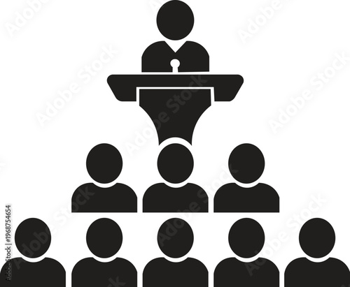 Speaker at the Podium with Audience – Public Speaking, Conference Presentation, Lecture, Communication Skills, Motivational Speech, and Leadership Vector Design for Events and Training