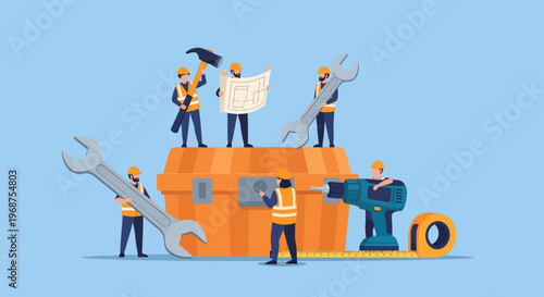 A construction worker leads a workforce in labor to build a house with tools and equipment on a construction site.