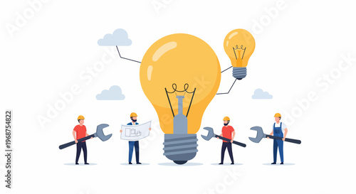 Construction worker labor team brainstorming with lightbulbs