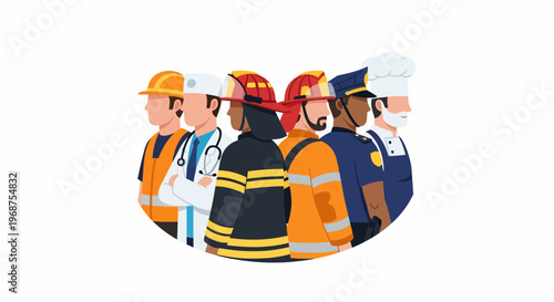 A diverse group of construction workers and laborers in workforce uniforms.