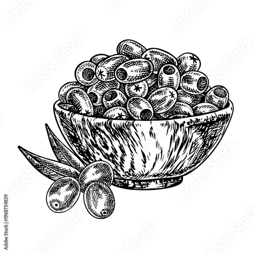 A handful of pitted olives in a wooden cup. Black and white graphic vector illustration drawn by hand. Isolate. Perfect for creating labels, prints, as well as packaging, banners, posters, and more.