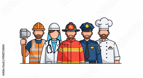 A diverse workforce including a construction worker, doctor, firefighter, police officer, and chef standing together.