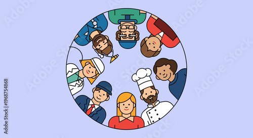 A diverse group of construction workers and workforce laborers from various professions gather in a circle.