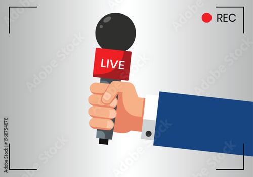 Hand holding reporter microphone with live sign and camera viewfinder frame vector illustration for news broadcast concept.