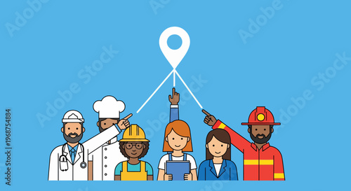 Workers celebrate Labor Day with diverse professionals at a location marker