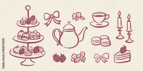 Pink Hand Drawn Afternoon Tea Set Icons on Cream Background Keywords: afternoon tea, cake stand