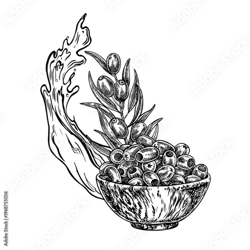 A handful of pitted olives in a wooden bowl, an olive branch, and a splash of oil. A black and white vector illustration drawn by hand. For creating labels, prints, packaging, posters, and more.