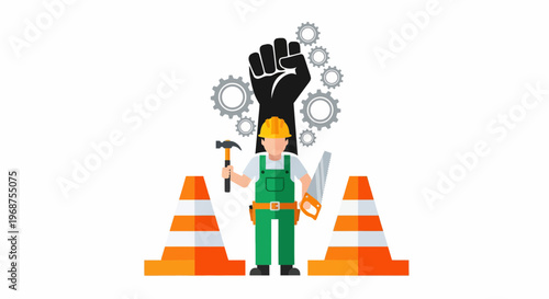 A worker celebrates labor day with a raised fist amidst construction tools and traffic cones.