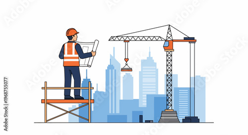 A worker on labor day inspects plans on scaffolding near a crane.