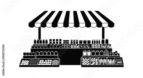A black and white illustration depicts a market stall overflowing with produce presented as a striking silhouette high quality professional detailed