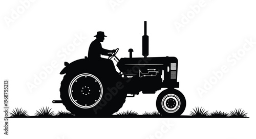 A black silhouette depicts a farmer operating a vintage tractor in a field showcasing rural life silhouette high quality professional detailed