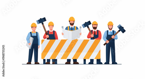 Workers celebrate Labor Day with tools on construction site