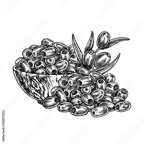 A handful of pitted olives in a wooden cup. Black and white graphic vector illustration drawn by hand. Isolate. Perfect for creating labels, prints, as well as packaging, banners, posters, and more.