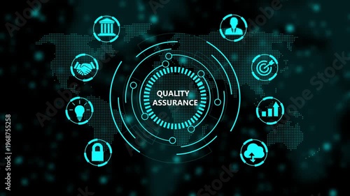 Assurance digital interface featuring glowing cyan neon representing business management strategy and corporate compliance standards on a dark