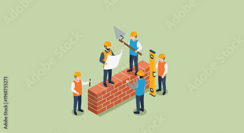 Construction worker day labor team building brick wall on site