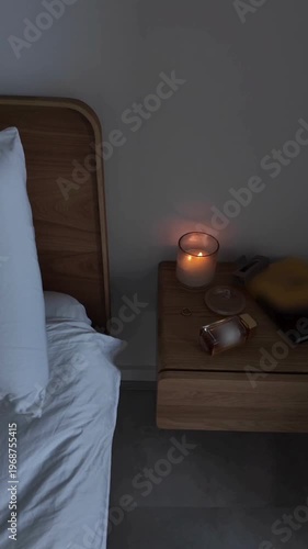 “Cozy Bedside Table With Candle and Perfume 4K Ultra HD Video, Warm Ambient Lighting, Minimalist Bedroom Decor, Relaxing Evening Atmosphere, Home Interior Detail, Aromatherapy Setup