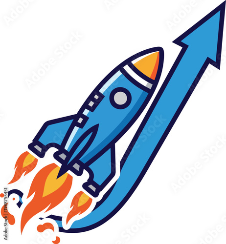 Blue Rocket Launching Upward with Fiery Exhaust.