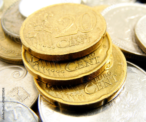 A close-up of a 20 euro cent coin