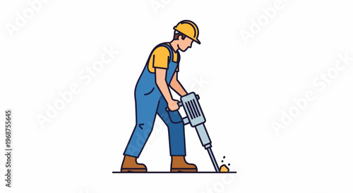 A worker in overalls and a hard hat operates a jackhammer on a construction site during labor.