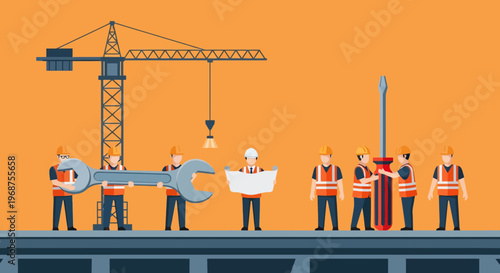 Workers on labor day operate heavy machinery at construction site