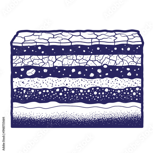 Cross section of earth layers showing soil strata with cracked dry ground rocks pebbles sand and sediment in a dark blue and white style