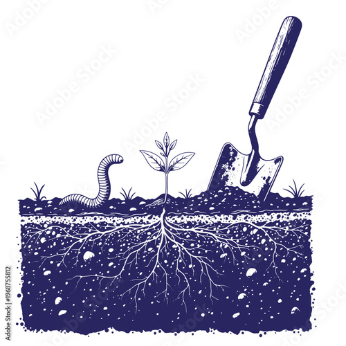 Cross section of soil with a small green sprout roots earthworm and a hand trowel in a dark blue ink style on a white background