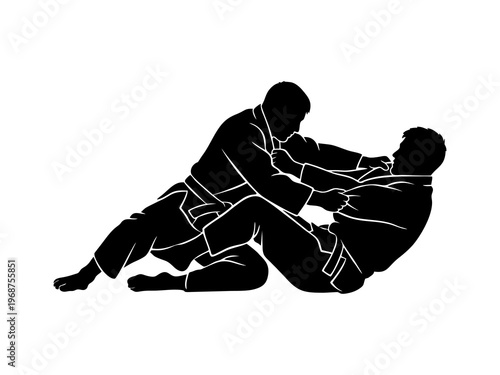 Martial Arts Fighters Silhouette Grappling in Jiu Jitsu or Judo Competition