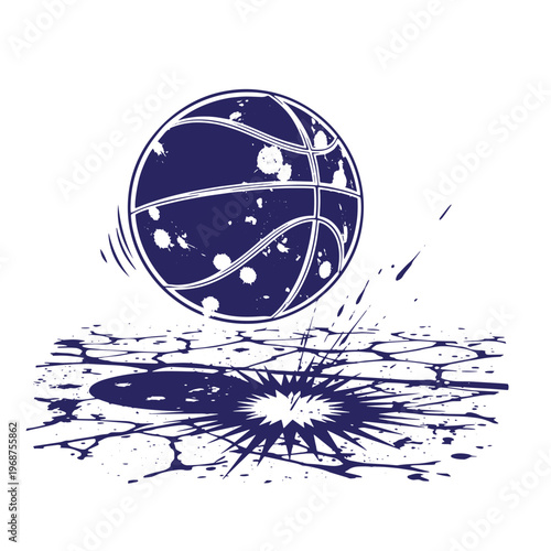 Dark blue basketball bouncing and creating a cracked ground impact effect with ink splatters and grunge texture on a white background