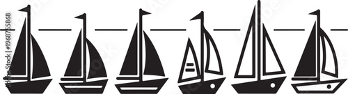 Six sailboats with sails raised on a calm body of water Vector