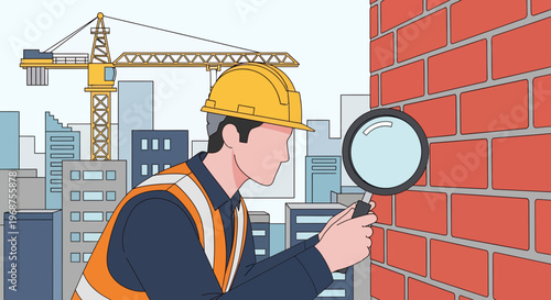 A worker inspects a brick wall on a construction site for labor efficiency on worker day.