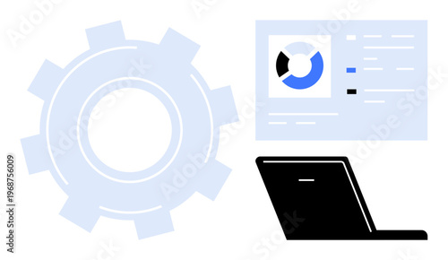 Technology concept. Technology through a gear and data analytics screen above a laptop. Technology innovation, automation, and digital transformation. Ideal for IT, business, engineering, automation