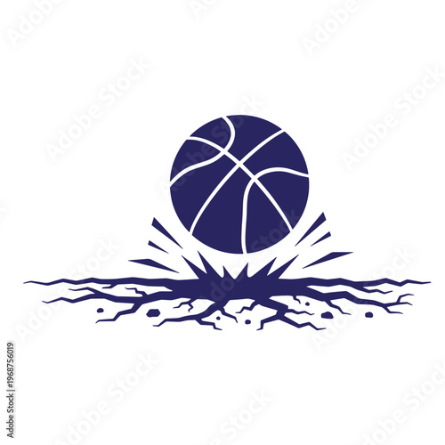 Dark blue basketball silhouette hitting the ground and causing a cracked earth impact effect with scattered debris isolated on a white background