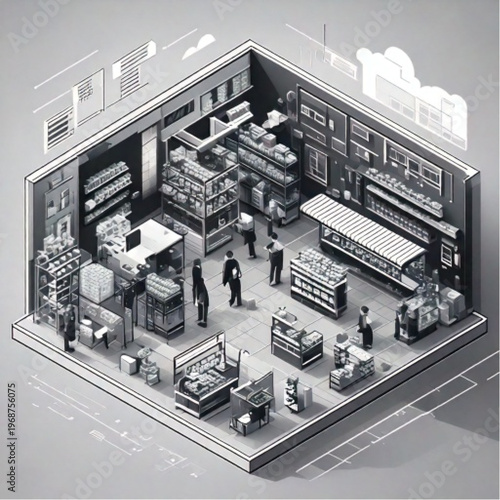 Isometric View of a Modern Grocery Store Interior.