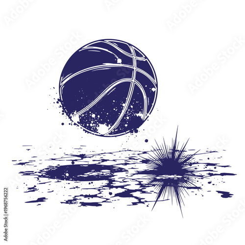 Dark blue basketball with ink splatter effect creating a dynamic impact splash on a white background featuring a textured ground mark and scattered paint droplets in a stylized