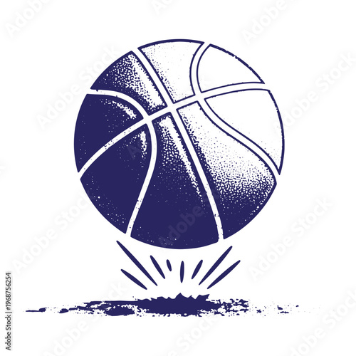 Dark blue basketball with stippled shading texture bouncing off the ground with motion lines and a textured impact splash on a white background