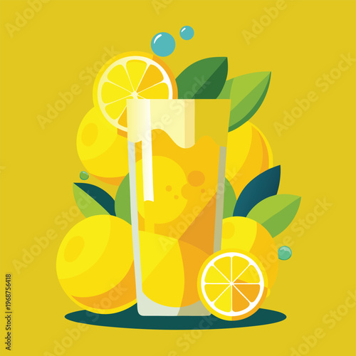 Fresh lemonade with lemons and leaves on yellow background