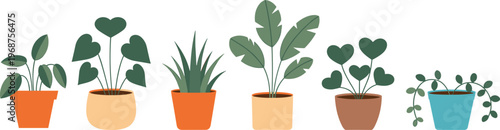 Green leafy houseplants in colorful pots on wooden surface with decorative stones green leaves potted plants