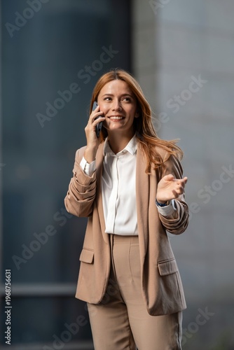 Bild auf Leinwand Businesswoman talking on phone outside office building
