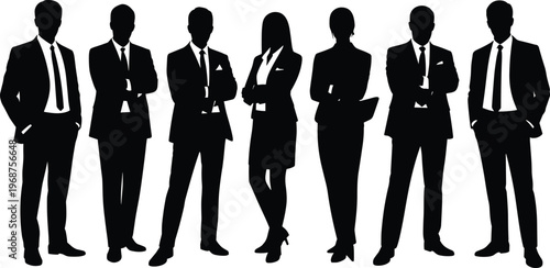 WebBusiness team silhouettes in formal attire, corporate professionals standing together unity flavector