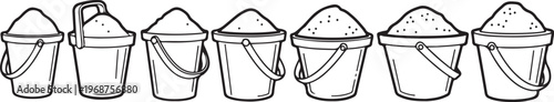 A sequence of seven cauldrons with handles and lids, arranged in order of size Vector