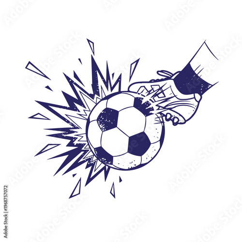 Dark blue ink of a soccer player foot wearing a cleat kicking a ball with a dynamic impact explosion effect and distressed texture on a white background