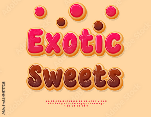 Vector Festive label Exotic Sweets. Tasty Cake Font. Delicious Donut style Alphabet Letters and Numbers set.