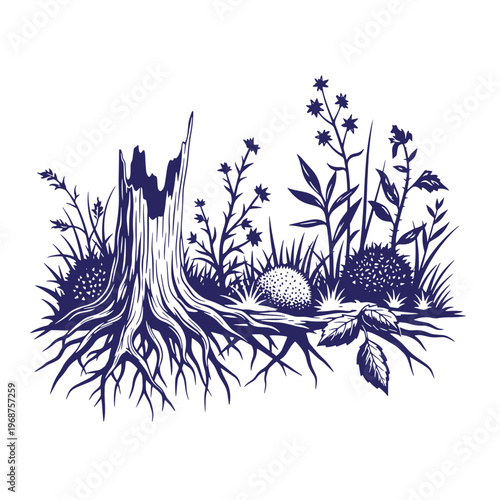 Dark blue ink of a tree stump with exposed roots surrounded by wild grasses flowers and thorny bushes isolated on a white background