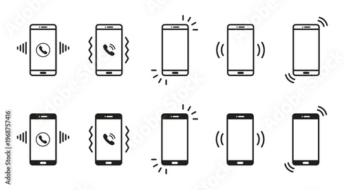 Collection of ringing and vibrating smartphone icons in two rows