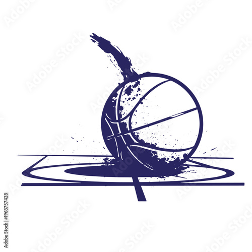 Dark blue ink splatter of a basketball bouncing on a court floor with motion trail and paint drips isolated on a white background