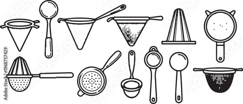 Silhouettes of various kitchen utensils and tools in black and white Vector
