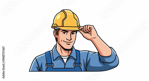 A worker in labor on Worker Day wearing a yellow hard hat and blue overalls smiles.