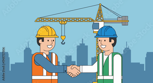 Two construction workers shake hands on a worker day labor agreement